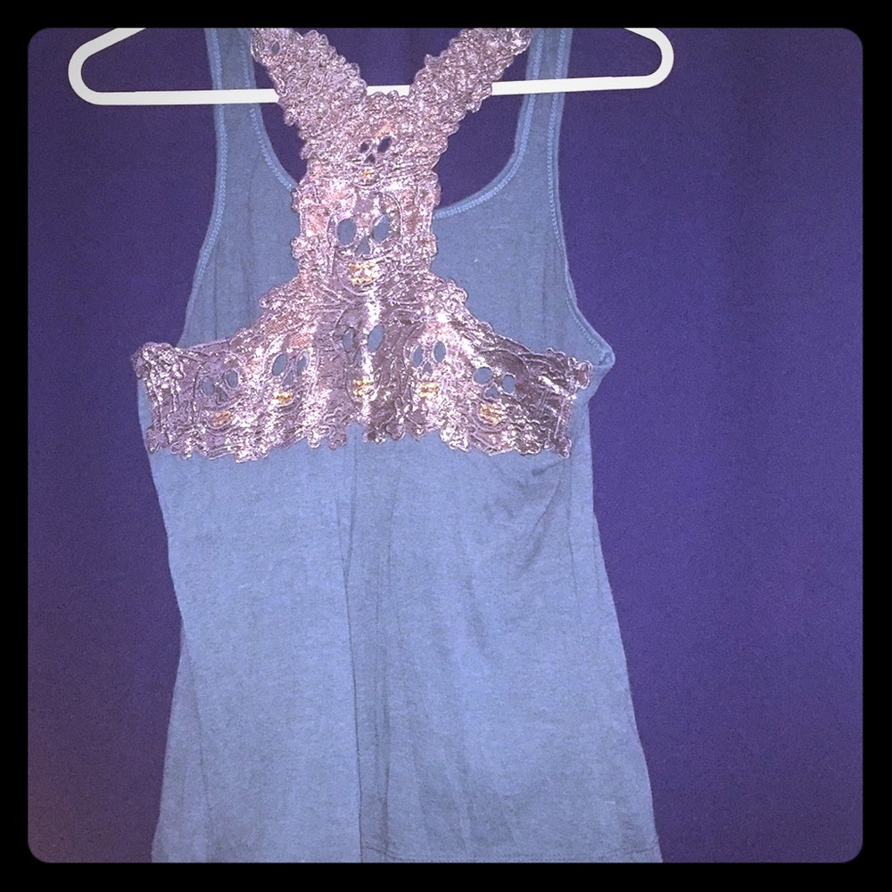 Teal Tank Top w/ Silver Skull Back M